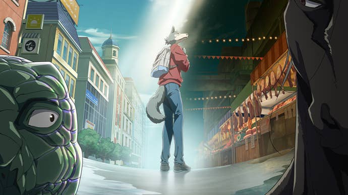 Legoshi, an anthropomorphized wolf person standing on a street wearing a backback, a lizard person and a horse person looking at him from the foreground in key art for Beastars.