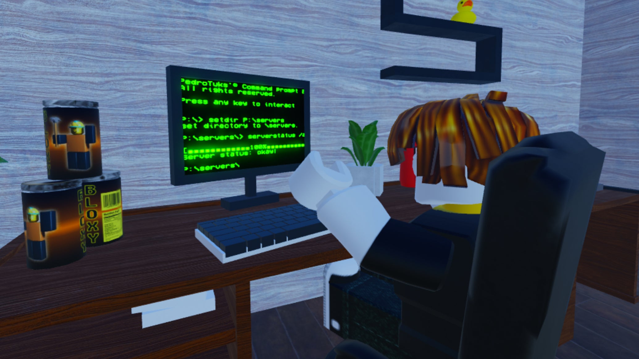 Image from Roblox game Become a Hacker to Prove Dad Wrong Tycoon showing a Roblox character by a computer screen which shows green computer code. - 1