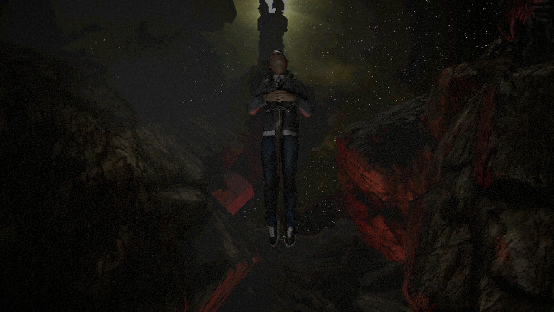 A floating man clutches a sword in horror game Becrowned. - 1