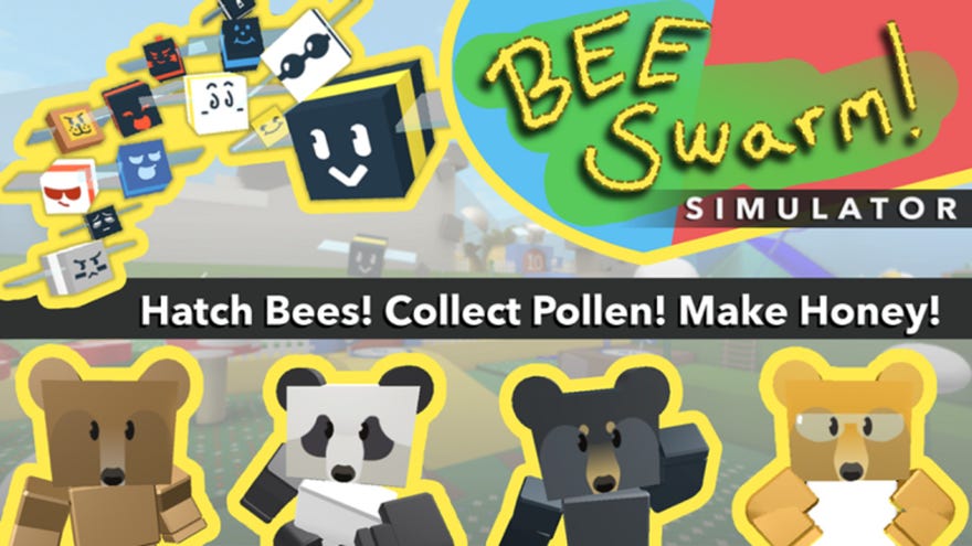 The Roblox banner for the Bee Swarm Simulator experience, showing a swarm of bees and a group of bears. The tagline reads: “Hatch Bees! Collect Pollen! Make Honey!"