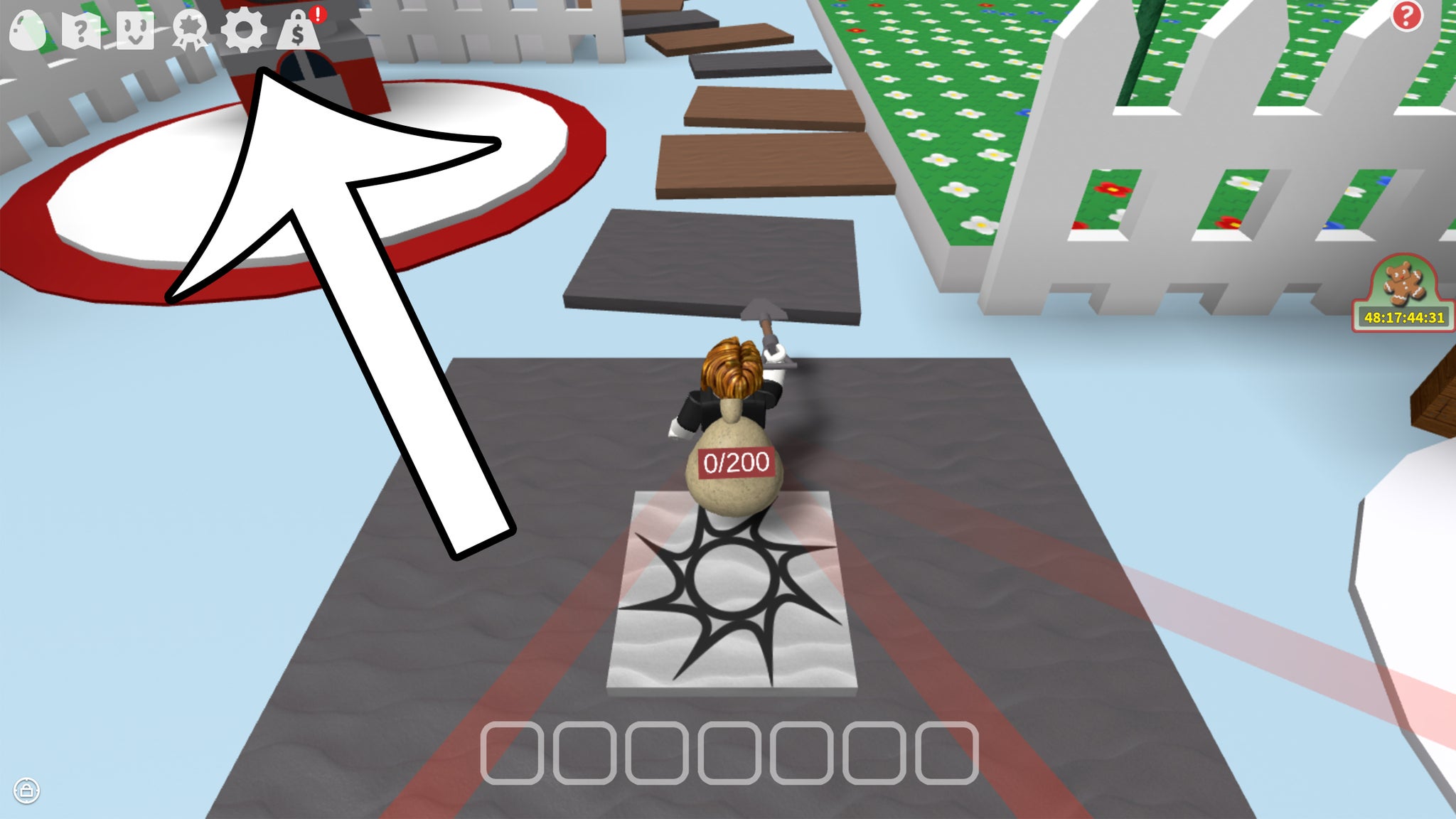 An arrow pointing at the settings button in the Roblox game Bee Swarm Simulator. - 3