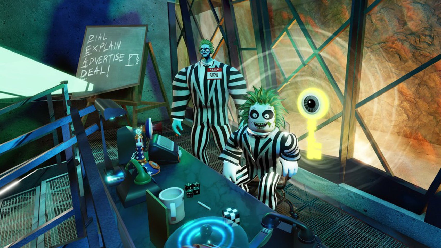 A Roblox version of Beetlejuice sat in front of a desk, a glowing key floating behind him. - 1