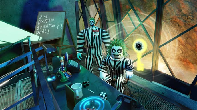 A Roblox version of Beetlejuice sat in front of a desk, a glowing key floating behind him.