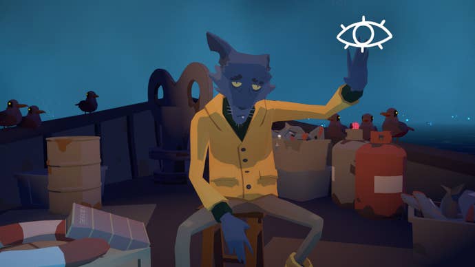 A screenshot of Before Your Eyes showing the Ferryman, a dishevelled humanoid dog dressed as a sailor.