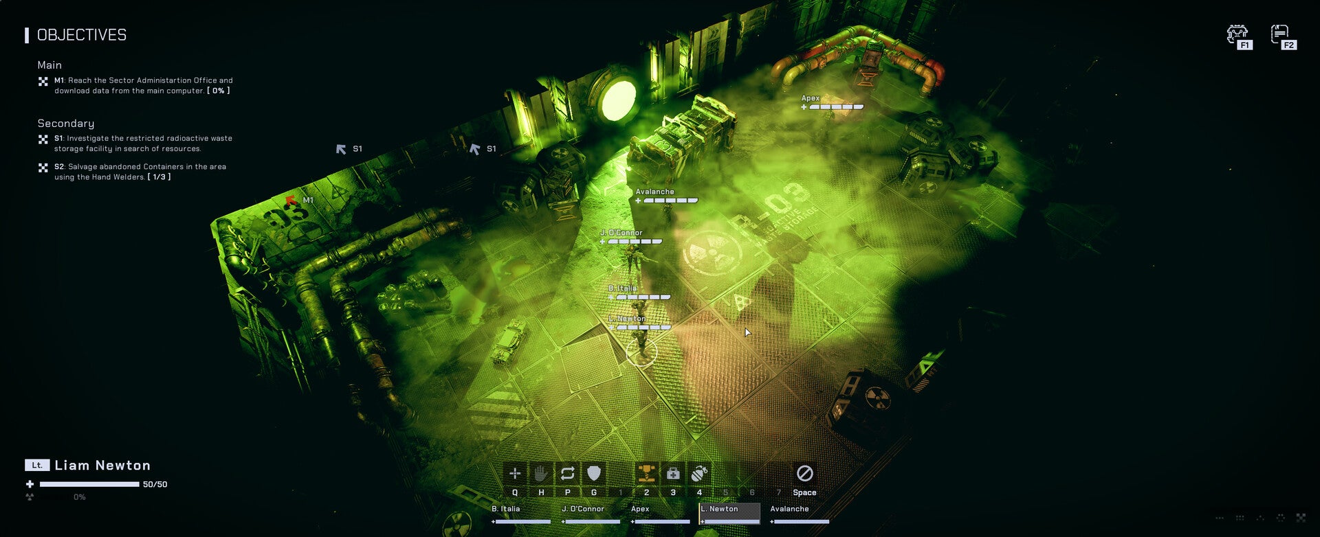 A screenshot from top-down survival tactics game Before Darkness Falls, showing a squad of soldiers intrepidly exploring a wreckage-strewn industrial room flooded with green fumes.
