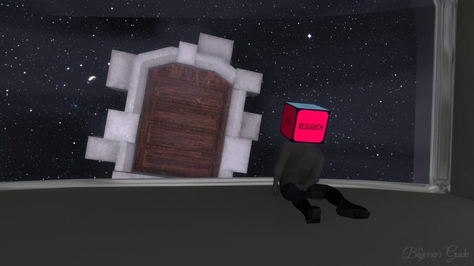 A human figure with a red cube for a head that says Research sits near a wooden door in The Beginner’s Guide