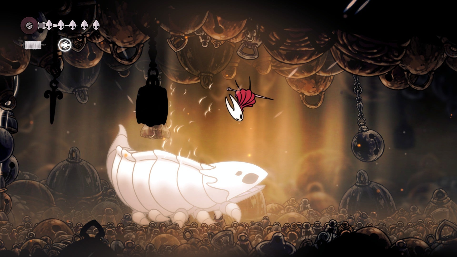 Hornet jumps over Bell Beast as the huge pillbug-like boss charges at her in Hollow Knight: Silksong. - 6