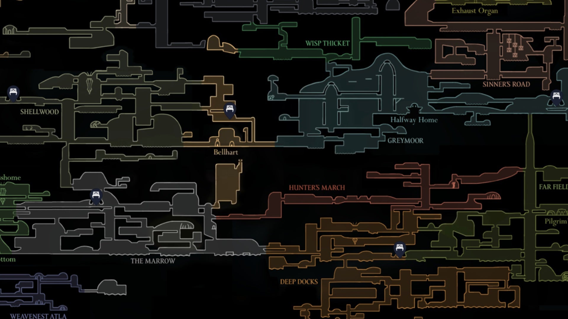 The location of all of the bells that need to be rung in order to open the Grand Gate in Hollow Knight: Silksong. - 32