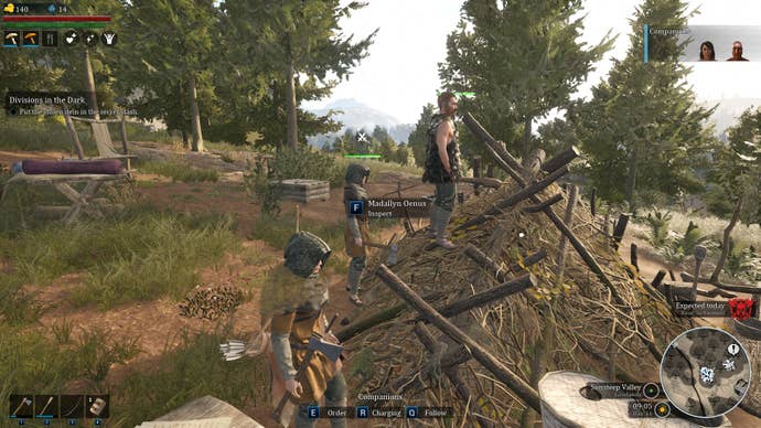 Standing on a heap of twigs and logs with some companions in Bellwright.