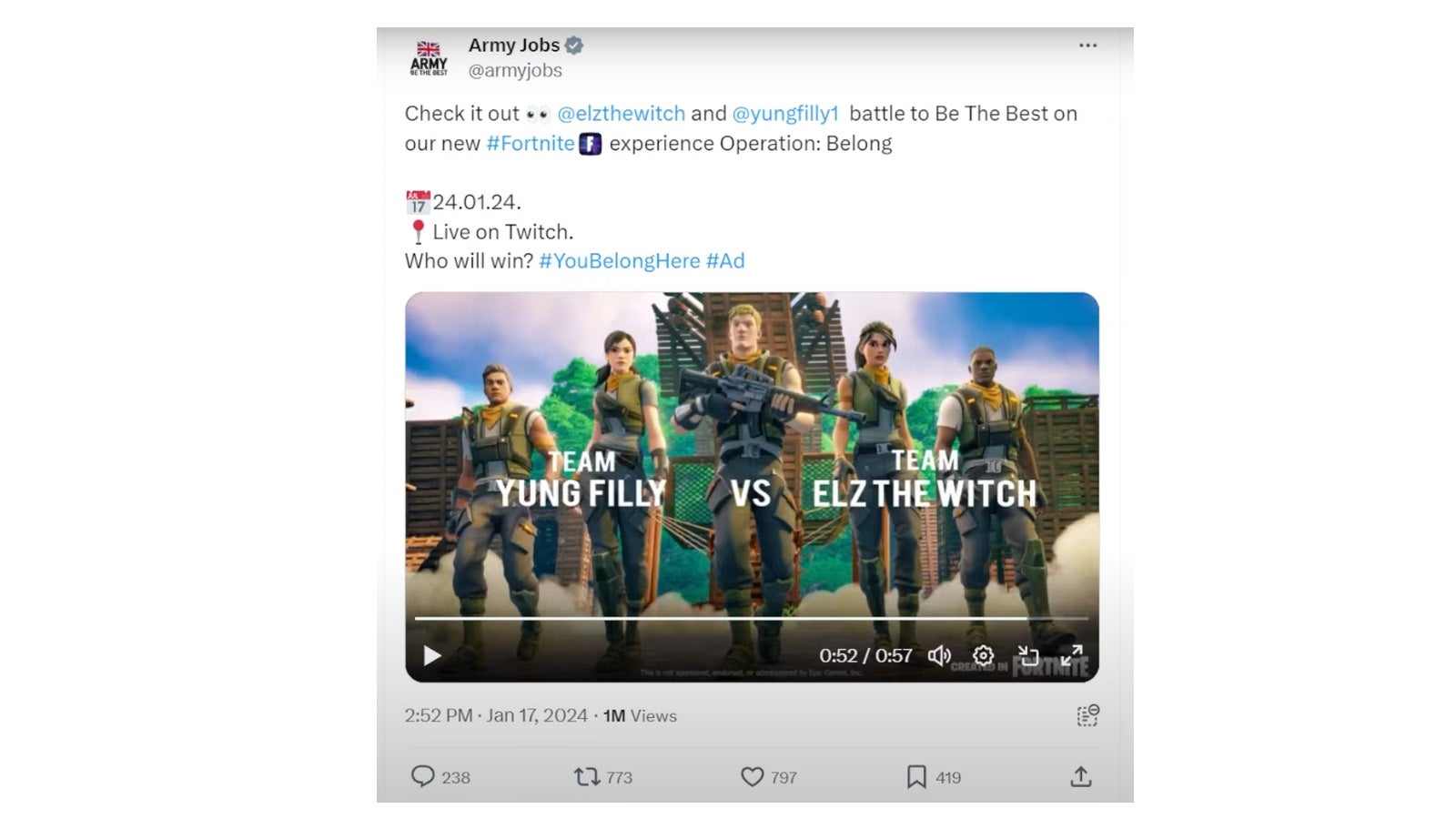 British Army jobs tweet advertising its Fortnite campaign.