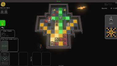 A screenshot of Below the Crown, a retro looking chess-style game, with cards representing playable pieces to the side.