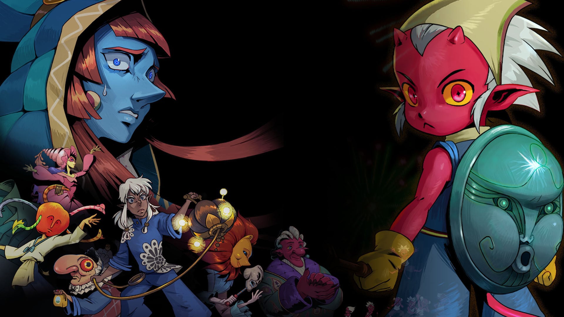 Key art of Bel's Fanfare showing a demon girl with a strange shield on her back, amongst other fantastical characters. - 1