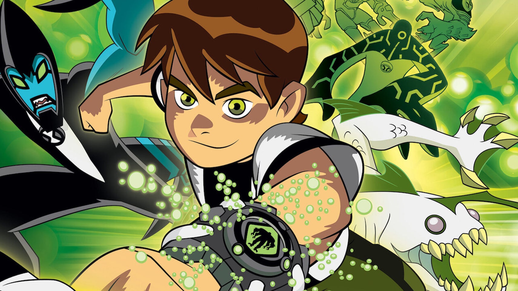Ben 10, a young boy with a strange watch on his wrist, a bunch of aliens in the background behind him. - 1