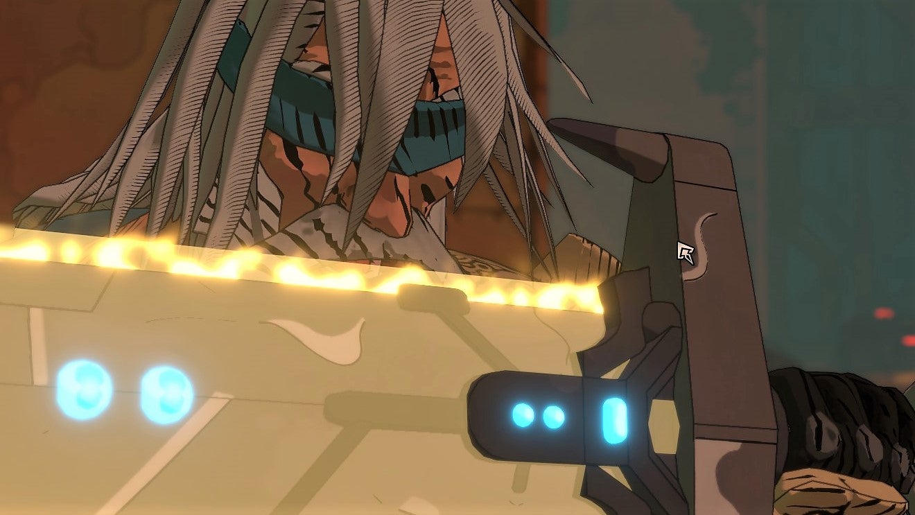 A grizzled warrior holding a chonky glowing sword in front of them to deflect an incoming attack. He has a rag over his eye, suggesting he cannot see.