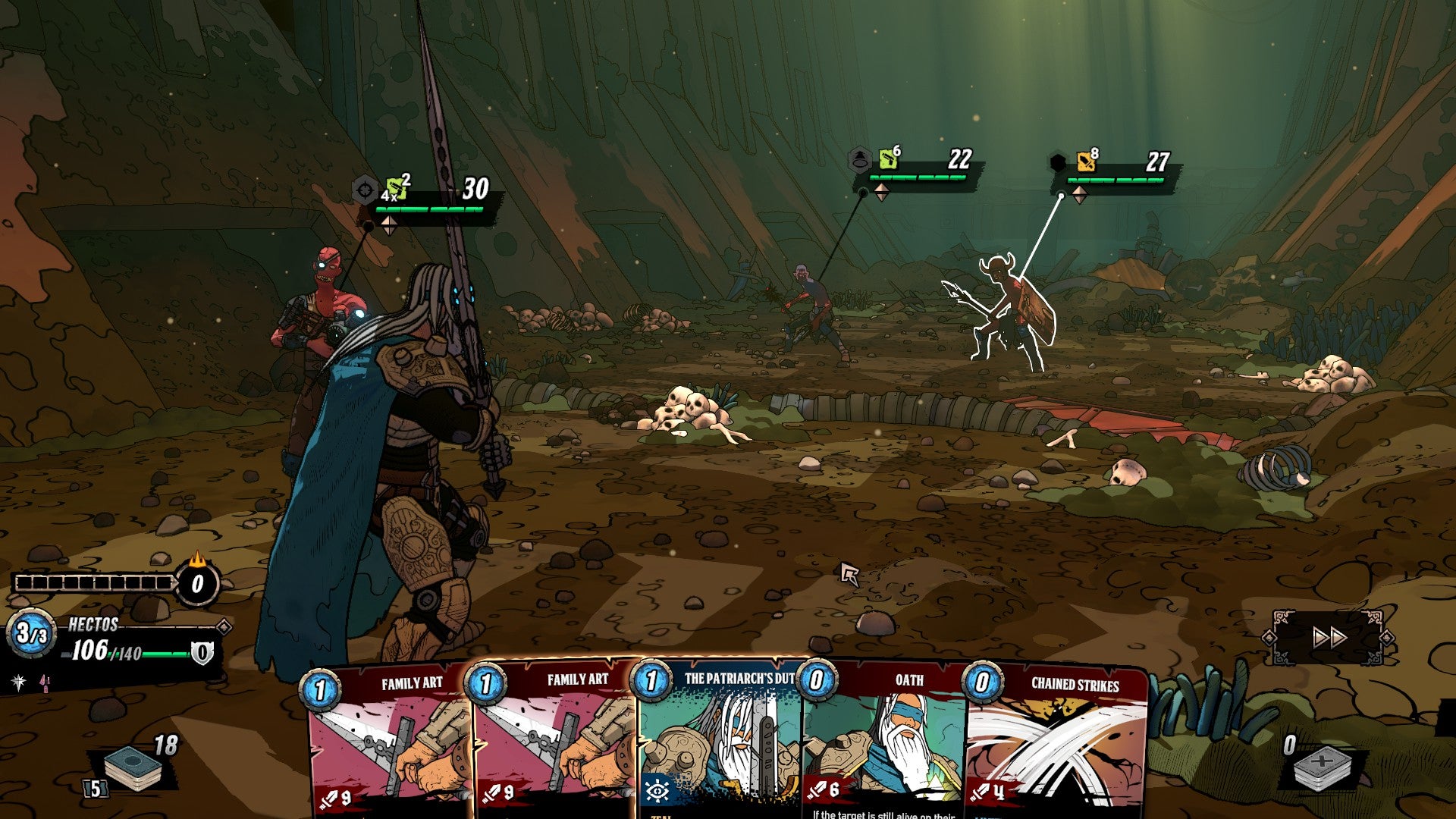 A fight scene in Beneath Oresa. Our hero stands facing three enemies, spaced out on a narrow level. There are bones and debris all around him. Your abilities - cards - are fanned out before you in the bottom of the screen.