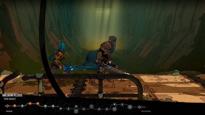 Two characters running along a ledge with a vast chamber behind them, possibly a turbine chamber. They are clad as knights, running with huge swords.