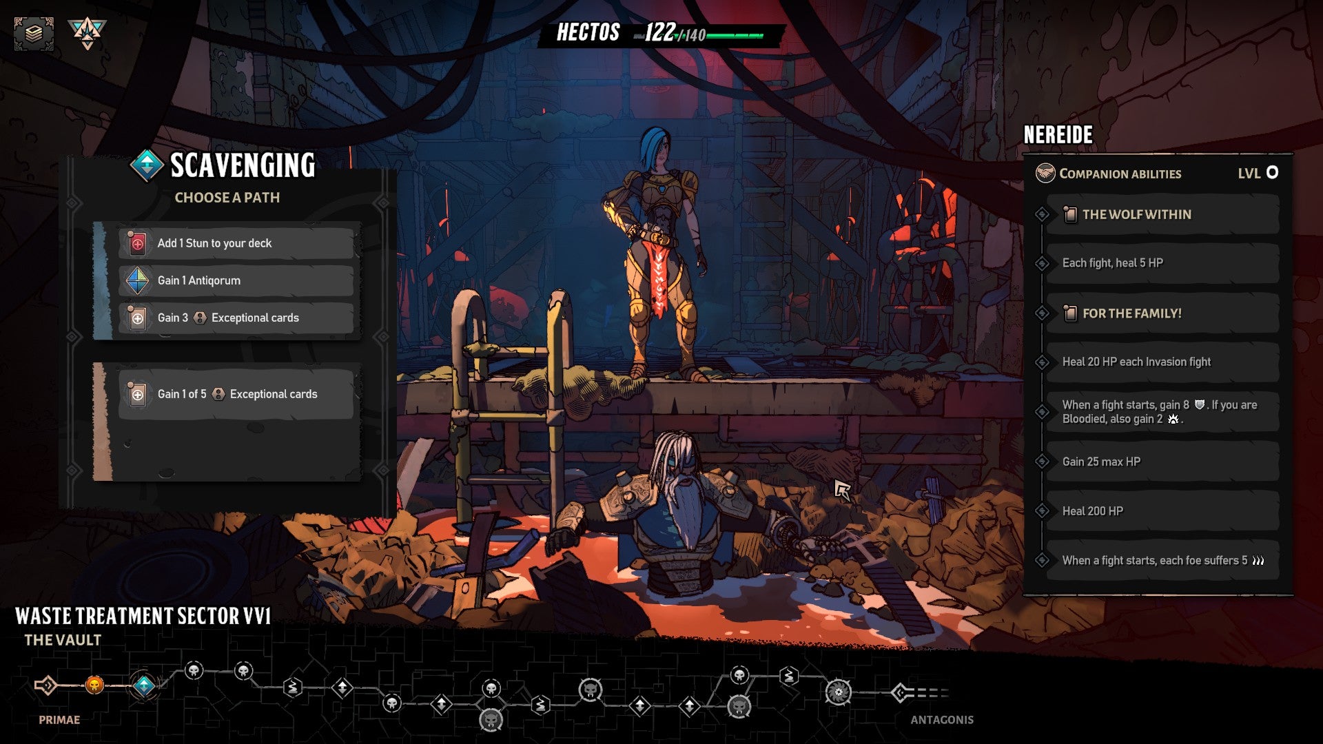 An in-between scene in Beneath Oresa, where you have a choice of things you want to do. Here the characters are scavenging for new things, hence the option to pick some new cards. The main character is literally depicted wading around in some techno filth looking for things.