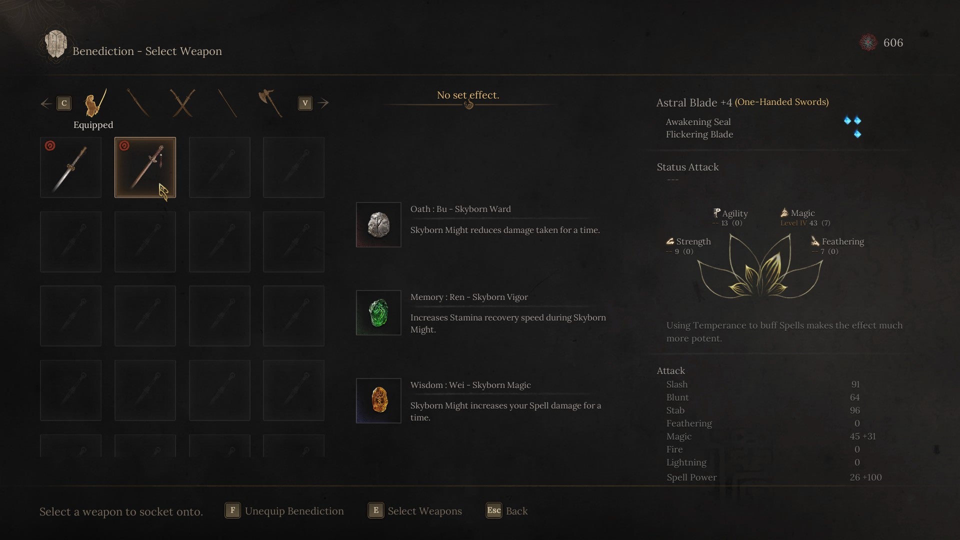 The menu screen in Wuchang Fallen Feathers, showing three different Benedictions slotted into her sword. Each benediction affects values such as her Skyborn Might, Stamina, and spell damage. - 11