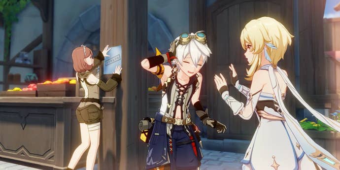 Bennett and Traveler stand in Mondstadt in Genshin Impact.