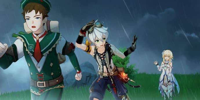 Bennett leaves Traveler in the rain in Genshin Impact.