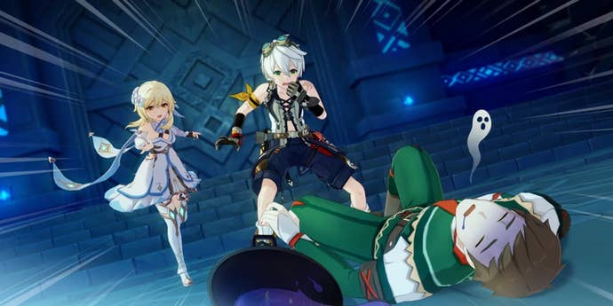 Traveler and Bennett rush to help Royce, who has passed out, in Genshin Impact.