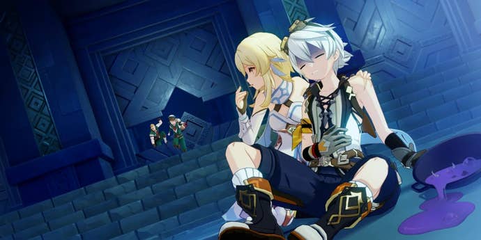 Traveler helps Bennett, who is sick, in Genshin Impact.