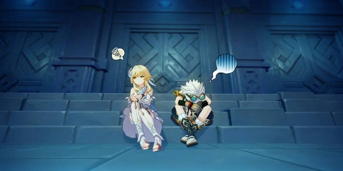 Bennett and Traveler sit sadly in a Domain in Genshin Impact.