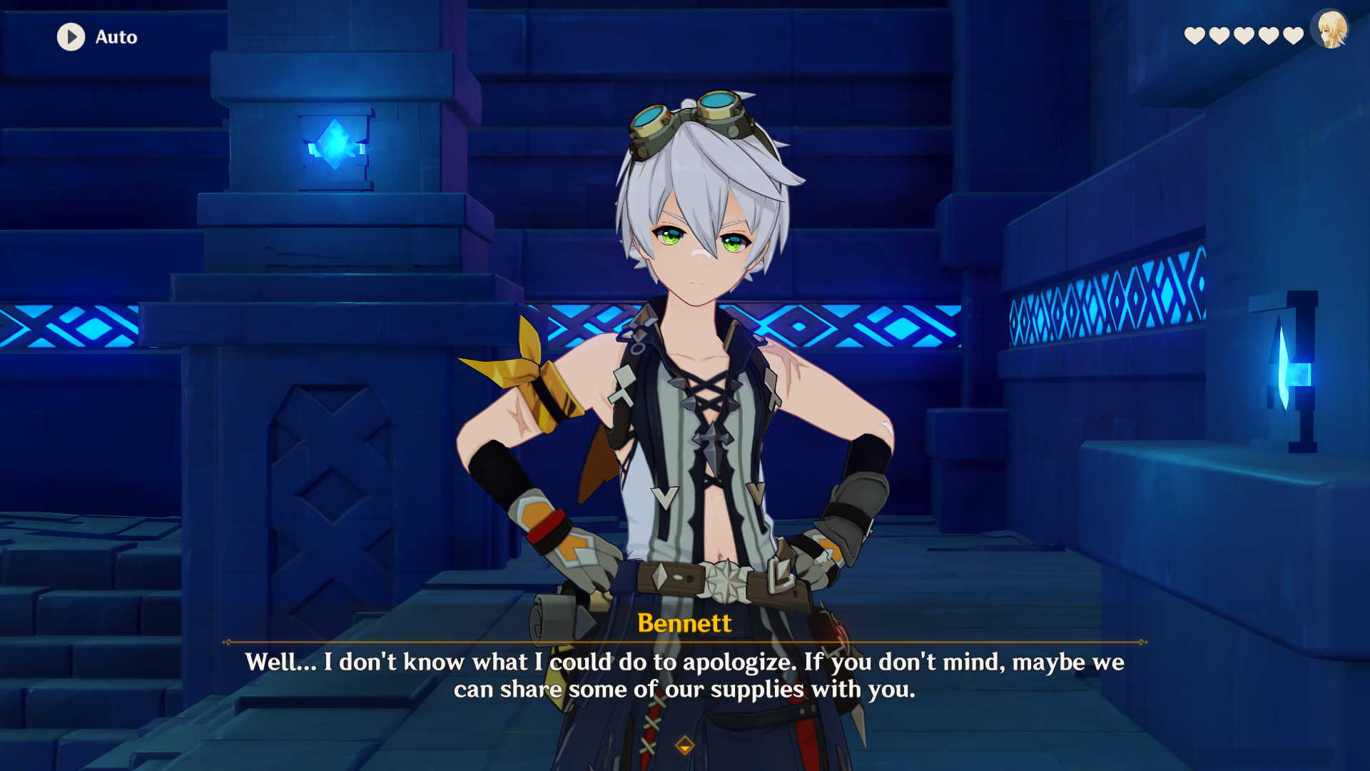 Bennett speaks to the Traveler in a Domain in Genshin Impact.