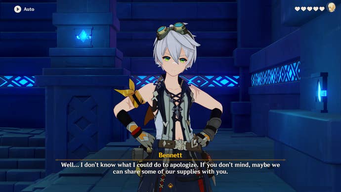 Bennett speaks to the Traveler in a Domain in Genshin Impact.