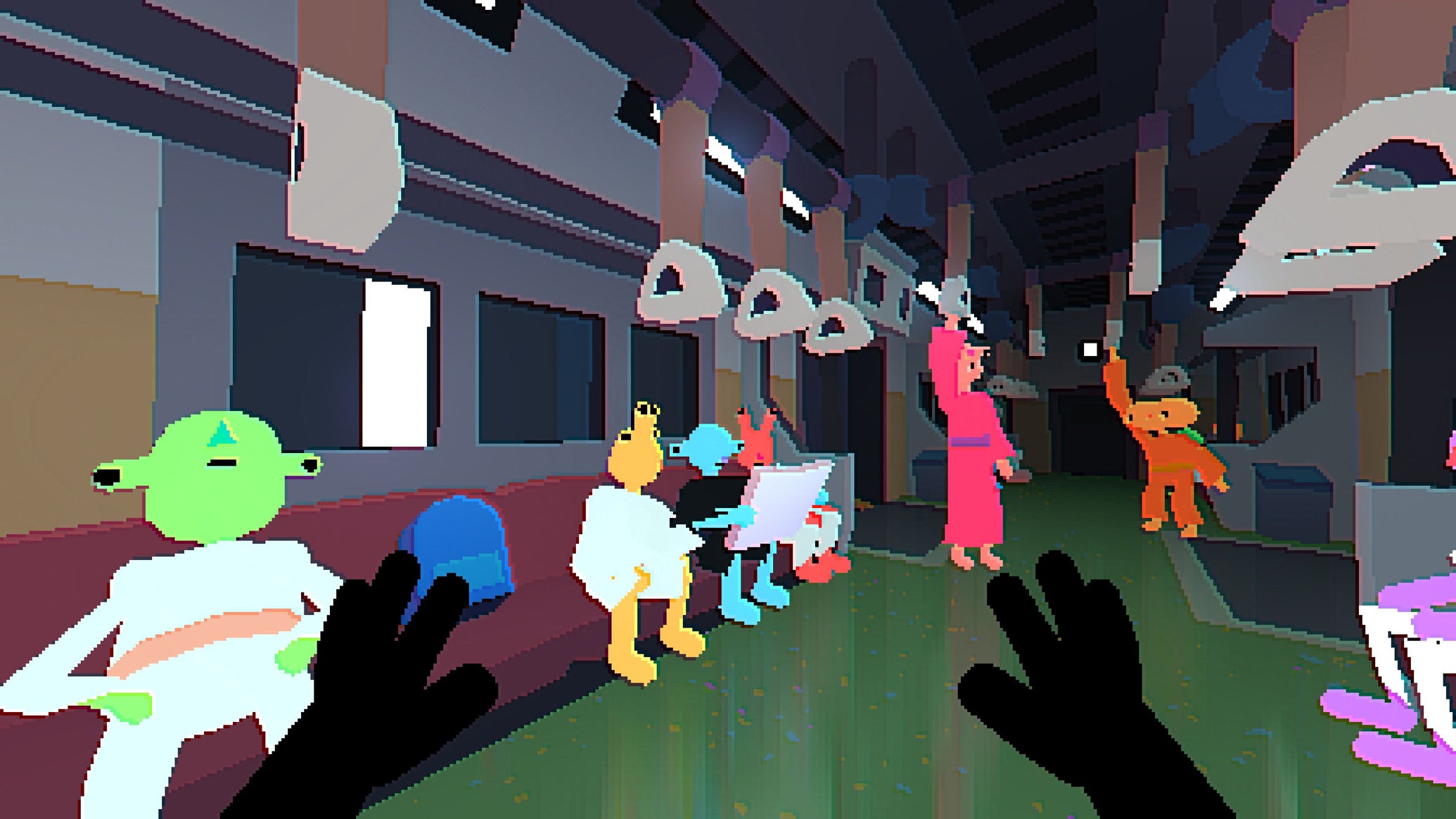 The player's hands appear in front of them as they ride an alien metro with passengers reading and holding onto rails. - 1