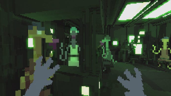 A pair of hands reach out into an alien bar in Bernband