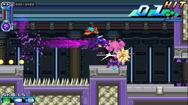 Berserk Boy air-dashes into some enemies, above some spikes, in a 16-bit pixel art level.