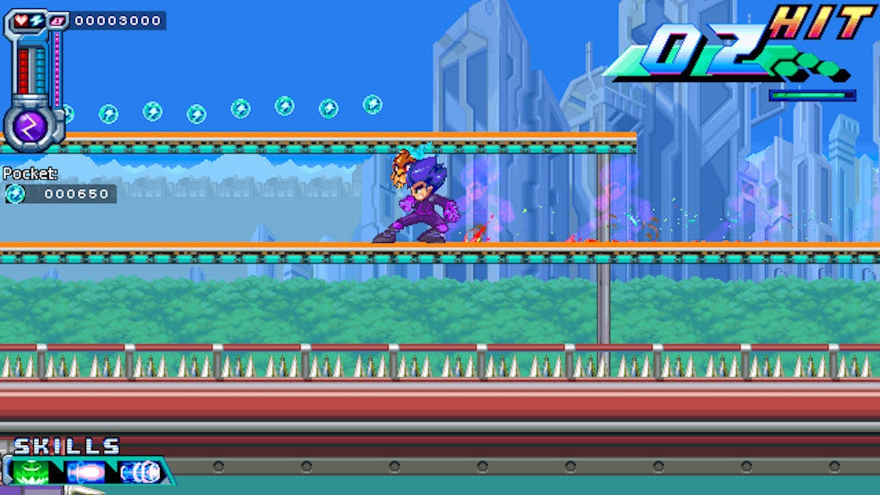 A purple haired hero ziplines across a city in Berserk Boy - 28