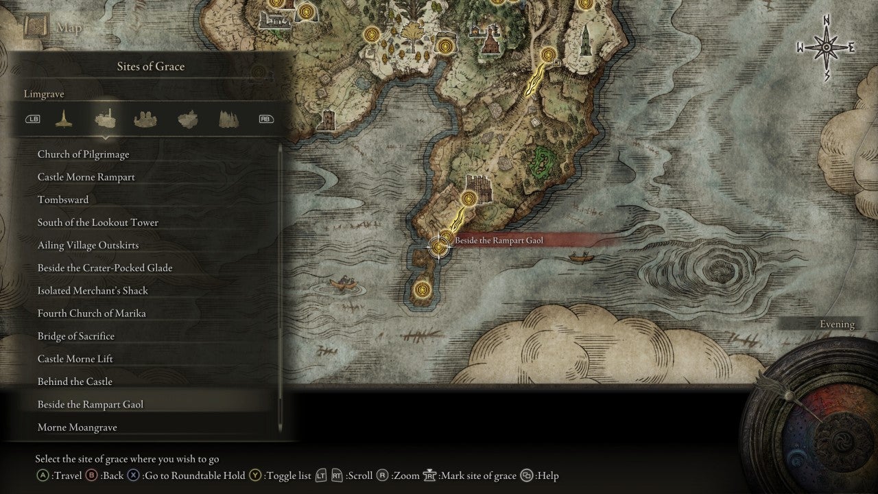 Beside the Rampart Gaol Grace in Elden Ring