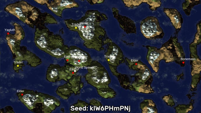 A screenshot of one of the best Valheim seeds we’ve found, using the Valheim World Generator tool. Seed: klW6PHmPNj