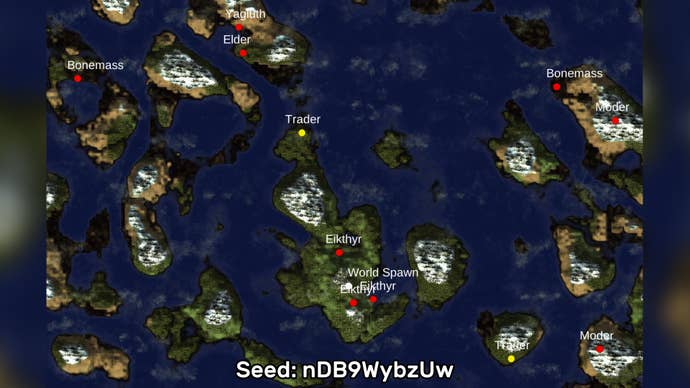 A screenshot of one of the best Valheim seeds we’ve found, using the Valheim World Generator tool. Seed: nDB9WybzUw