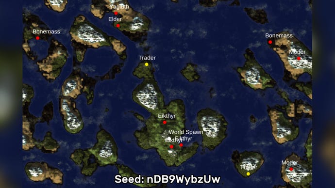 A screenshot of one of the best Valheim seeds we’ve found, using the Valheim World Generator tool. Seed: nDB9WybzUw