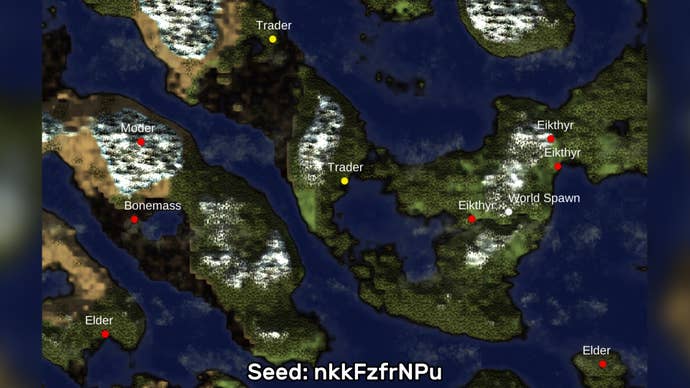 A screenshot of one of the best Valheim seeds we’ve found, using the Valheim World Generator tool. Seed: nkkFzfrNPu