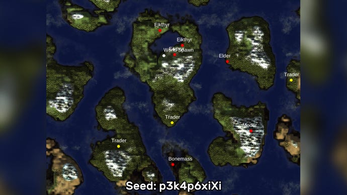 A screenshot of one of the best Valheim seeds we’ve found, using the Valheim World Generator tool. Seed: p3k4p6xiXi
