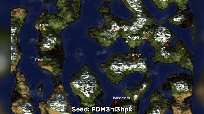 A screenshot of one of the best Valheim seeds we’ve found, using the Valheim World Generator tool. Seed: PDM3hl3hpk