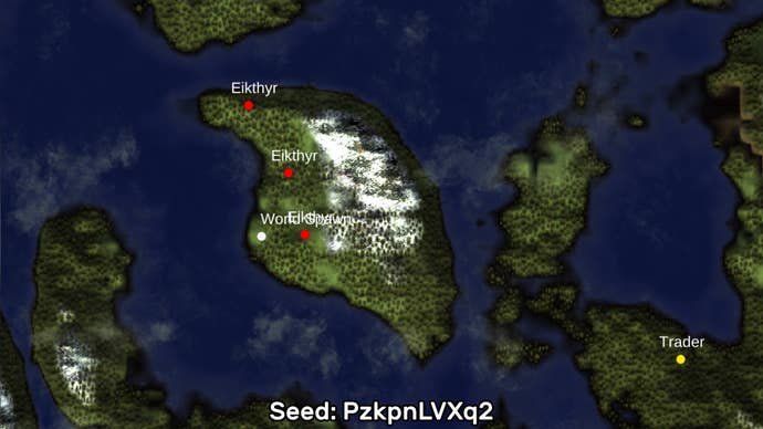 A screenshot of one of the best Valheim seeds we’ve found, using the Valheim World Generator tool. Seed: PzkpnLVXq2