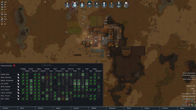 A top down of a colony in RimWorld
