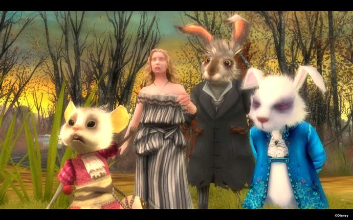 The cast of animal characters meet Alice in Disney's Alice in Wonderland