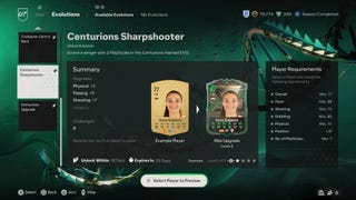 The Centurions Sharpshooter Evolutions menu in EAFC 24 featuring Sevilla player Inma Gabarro