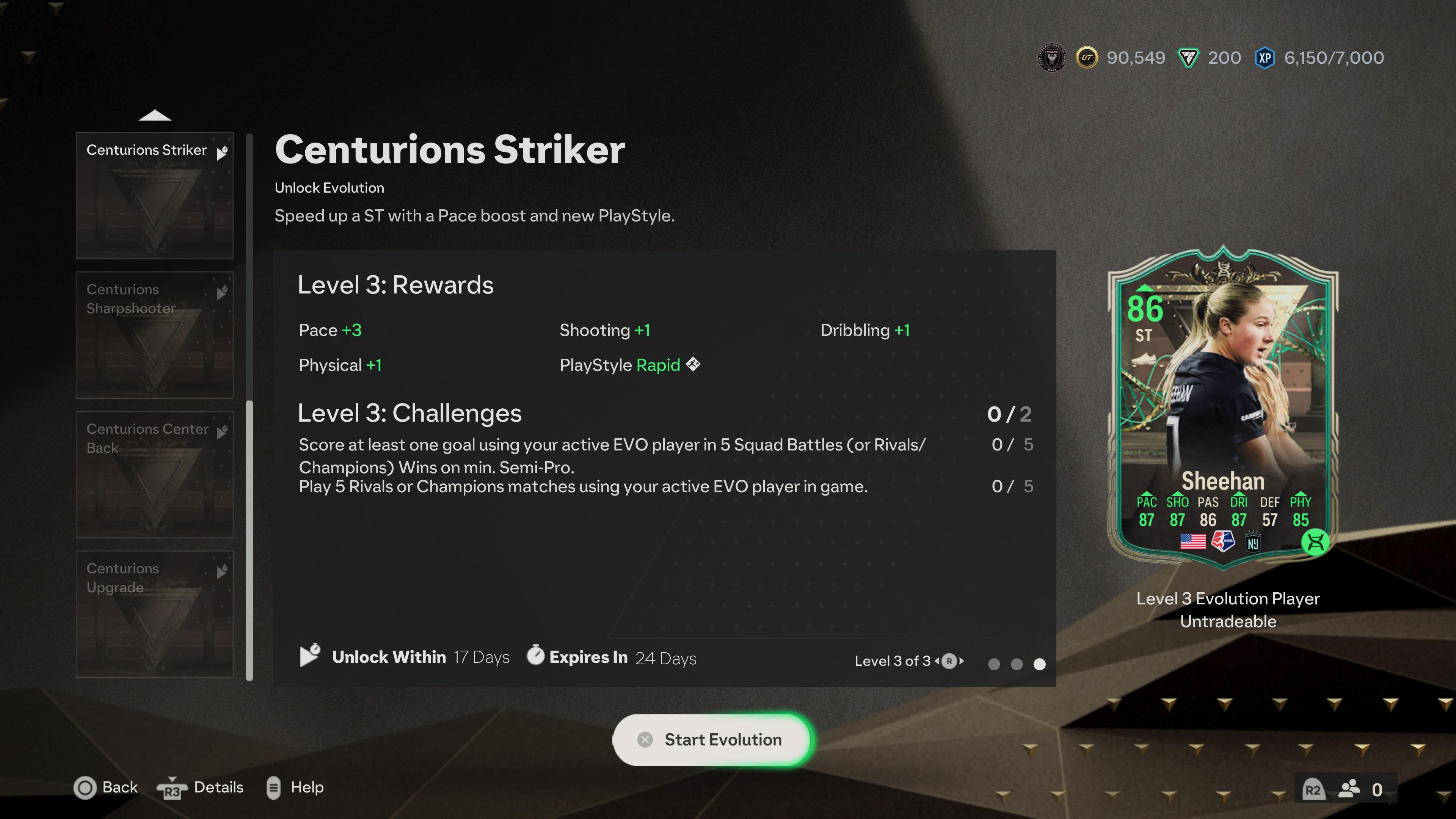 The Evolution menu in EAFC 24 featuring Delanie Sheehan, one of the best Centurions Striker players