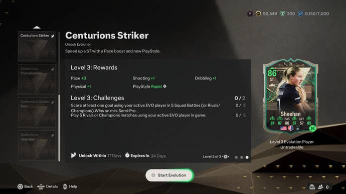 The Evolution menu in EAFC 24 featuring Delanie Sheehan, one of the best Centurions Striker players