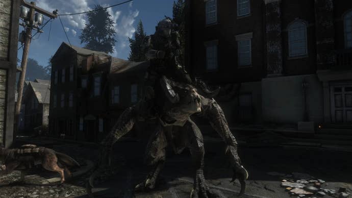 Someone riding a Deathclaw in Fallout 4.