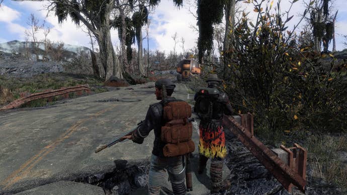 Some characters wearing backpacks in Fallout 4.