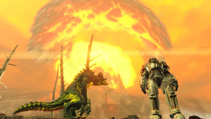 A character and a Deathclaw casually standing in front of a nuke going off in Fallout 4.