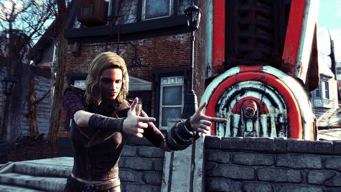 A Fallout 4 character wielding some finger guns.